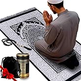 Muslim Prayer Rug and Prayer Beads with Gift Box, Soft Islamic Prayer Mat, Islamic Gifts Set, Prayer Carpet Mat, Sajadah/Janamaaz/Seccade (Black)