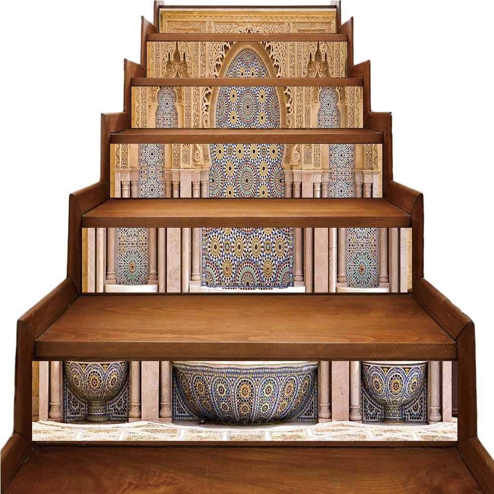 TecBillion Moroccan Decor Nice Stairs Sticker,Typical Moroccan Tiled Fountain in The City of Rabat Near The Hassan Tower for Home,39.3" L x 7" W