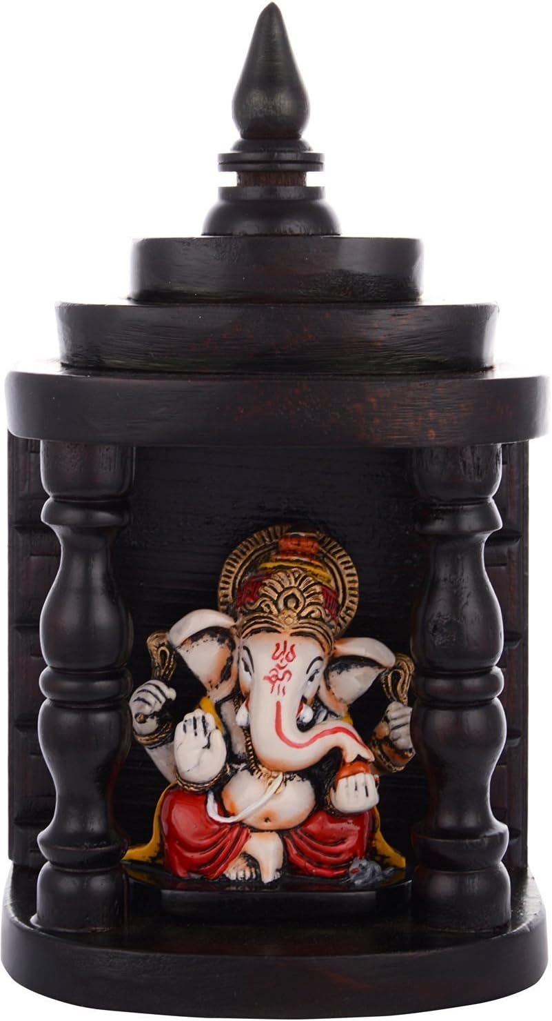 Kapasi Handicrafts Wooden Temple Fibre Lord Ganesha Idol Statue Decorative Hindu Deity God Figurine 5 x 3.75 x 8.5 Inches Home Decor Gifts