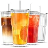 INSETLAN 20 oz Ribbed Glass Tumblers with Lids and Glass Straws – 4-Piece Glassware Set, Thickened Wall, Ideal for Iced Coffe