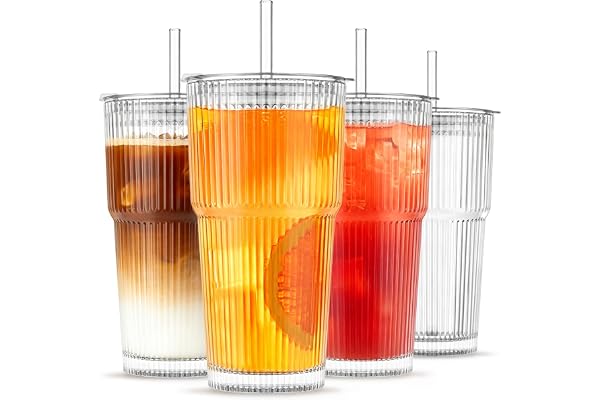 INSETLAN 20 oz Ribbed Glass Tumblers with Lids and Glass Straws – 4-Piece Glassware Set, Heavy-Duty Tumblers, Ideal for Iced