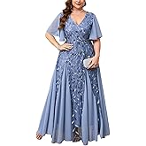 ZOMVA Plus Size 0X-4X Sequin Embroidery Formal Long Dress Glitter V-Neck A Line Prom Dress Wedding Evening Gown