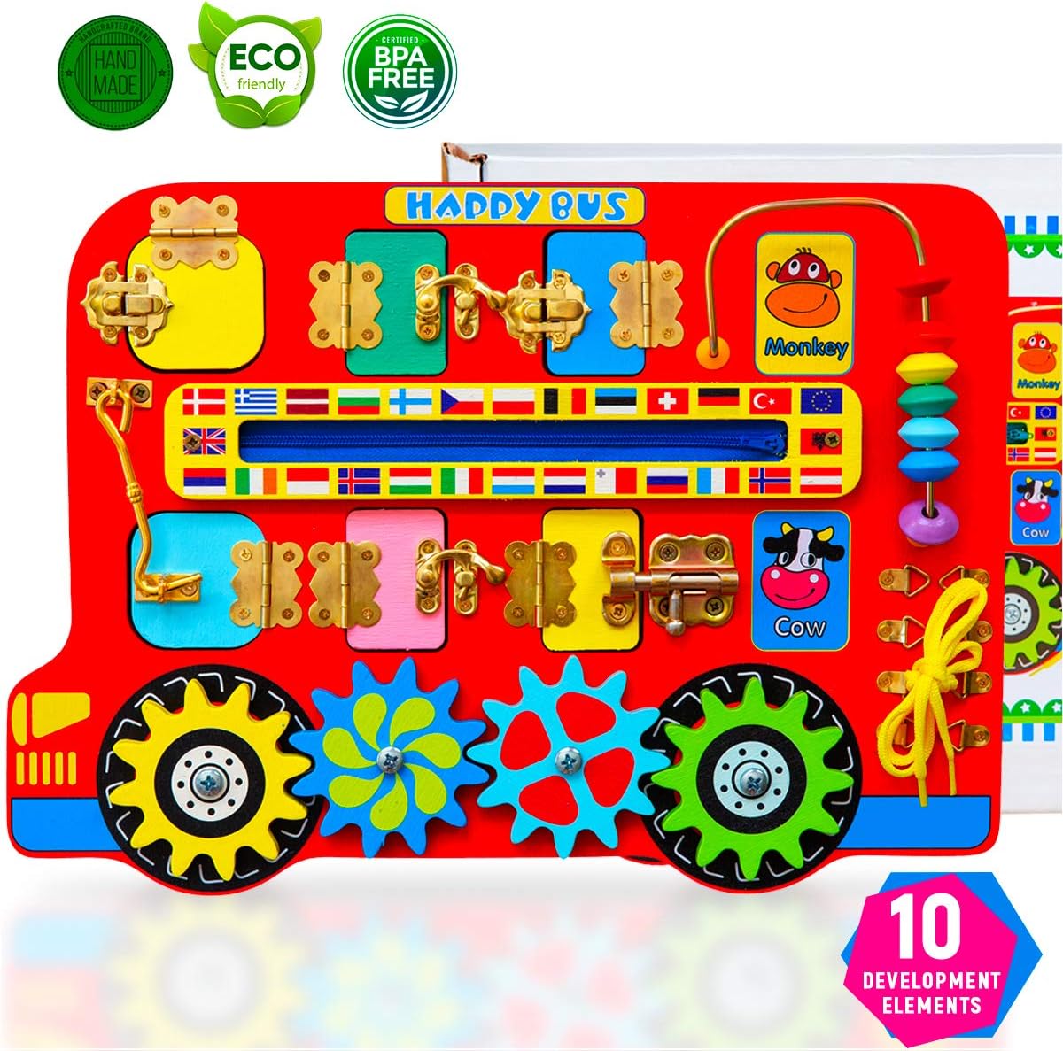Miratoys Happy Bus Wooden Latches Board With Zipper And Shoes Laces - Educational Toy - Busy Board For Toddlers - Activity Board - Helps Develop Fine Motor Skills [35cm X 25cm]