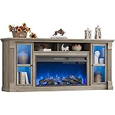 Farmhouse Fireplace TV Stand Up to 80" TVs, 70" Modern Highboy Entertainment Center with 36" Electric Fireplace & LED Lights, Media Console with Adjustable Shelves for Living Room, Gray