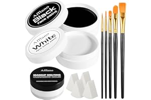 ECOFAVOR Black & White Face Paint Kit – Large 50g Oil-Based Grease Makeup Jars with Remover, 5 Brushes & 4 Sponges – Halloween, Cosplay & Stage SFX Makeup Set
