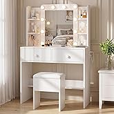 FUXA Makeup Vanity Desk with LED Mirror and Chair Set, White | 3 Lighting Modes, Built-in Charging Station, Storage Drawers and Shelves for Bedroom