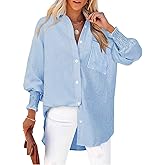 NILOINE Womens Striped Button Down Shirts Smocked Cuffed Blouse Long Sleeve Casual Collar Oversized Shirt Tops with Pocket