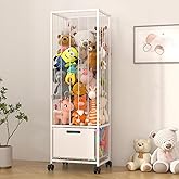 Bukfen Metal Stuffed Animal Storage Zoo Extra Large Stuffed Animal Holder Space Save Toy Organizer PVC with Basket and Wheels for Nursery Playroom Bedroom,D15.75 x W12.68 x H51.18 inch,White