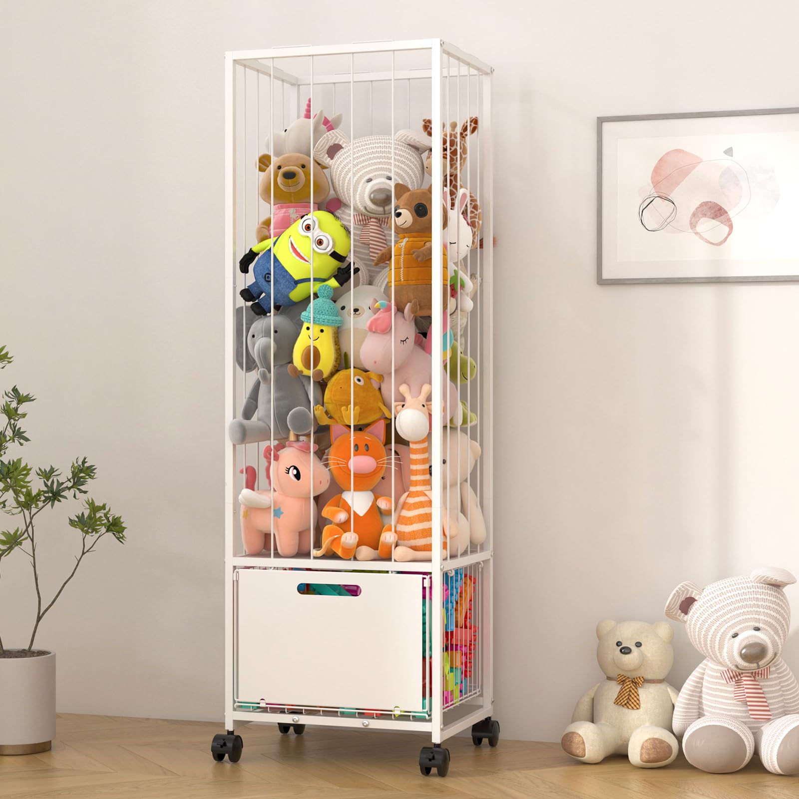 Photo 1 of Bukfen Metal Stuffed Animal Storage Zoo Extra Large Stuffed Animal Holder Space Save Toy Organizer PVC with Basket and Wheels for Nursery Playroom Bedroom,D15.75 x W12.68 x H51.18 inch,White