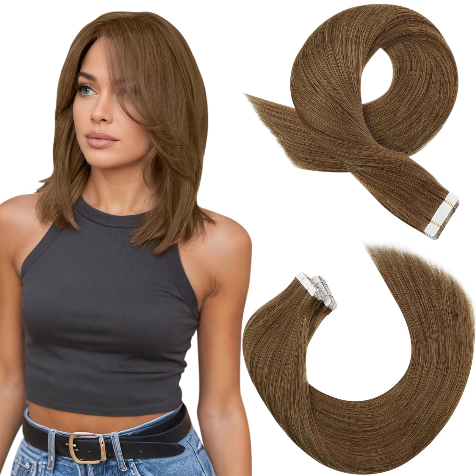 Moresoo Tape in Hair Extensions Human Hair Light Brown Hair Extensions Tape in Real Human Hair 10 Inch 20 Pieces/30g #8 — image 1