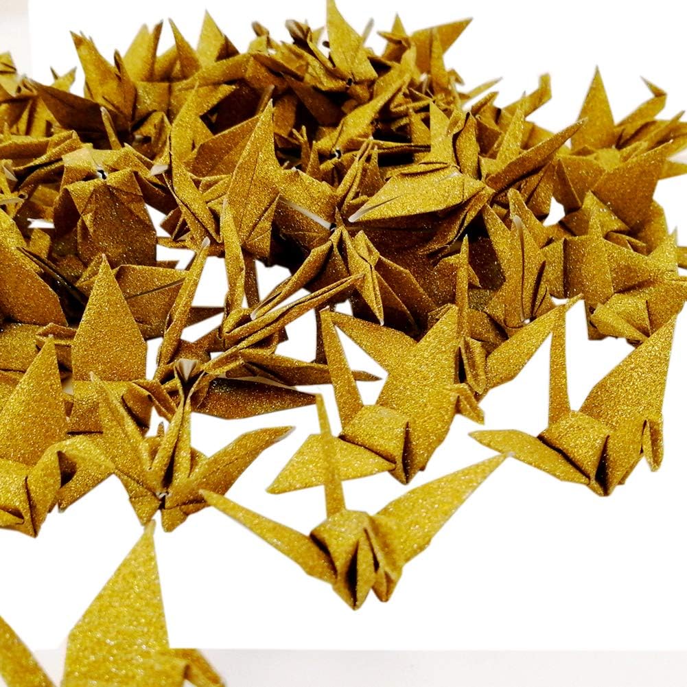 Hangnuo 50 PCS Glitter Origami Paper Cranes Folded DIY Japanese Crane Mobile String Garland for Wedding Party Backdrop Home Decoration, Glitter Gold