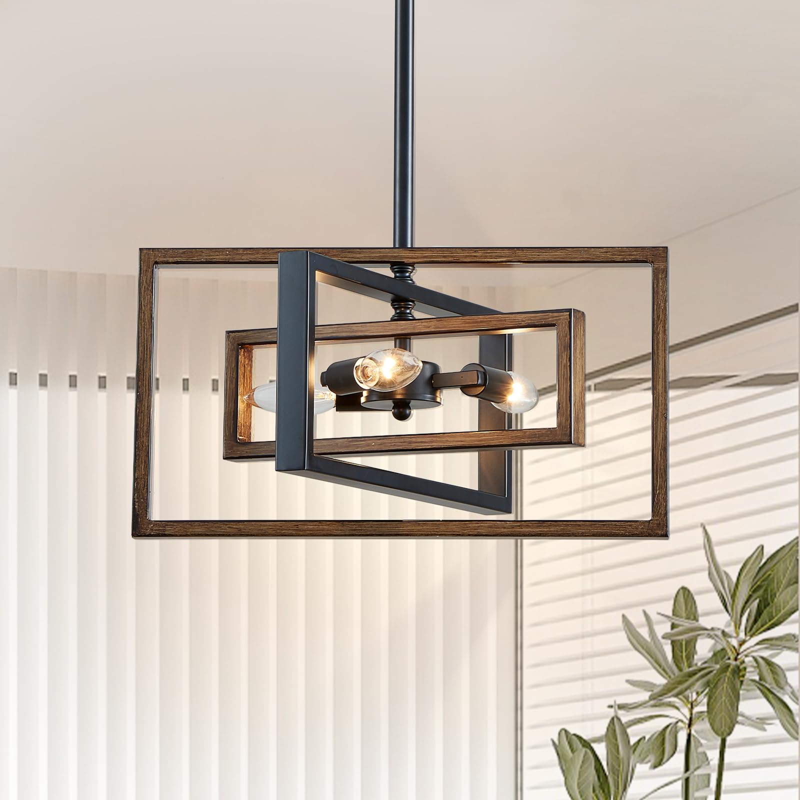 Photo 1 of Avzkcy Black Chandelier, 3-Light Farmhouse Rectangular Ceiling Lighting Fixtures, 16" Faux-Wood Metal Pendant Light Height Adjustable for Foyer, Entryway, Kitchen, Dining Room