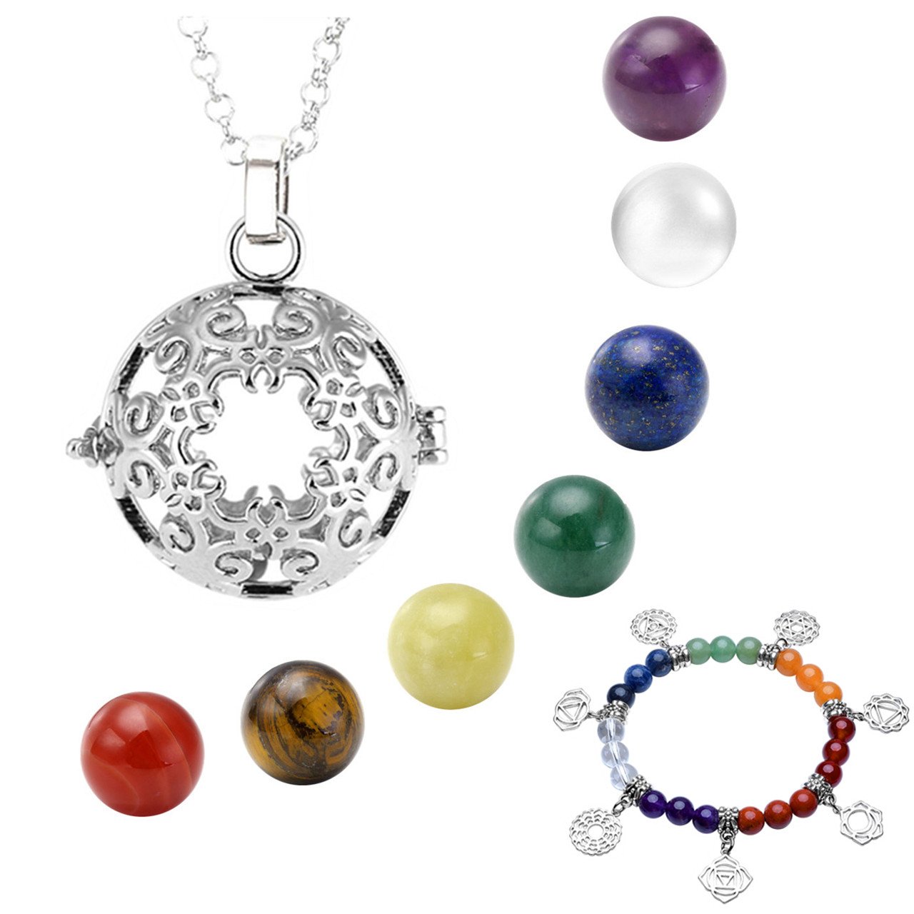 QGEM Bijoux Ensemble Pierre Chakra Collier de Pendentif Médaillon Locket Ouvert Fleurs Creux avec 7pcs Boules + Bracelet
