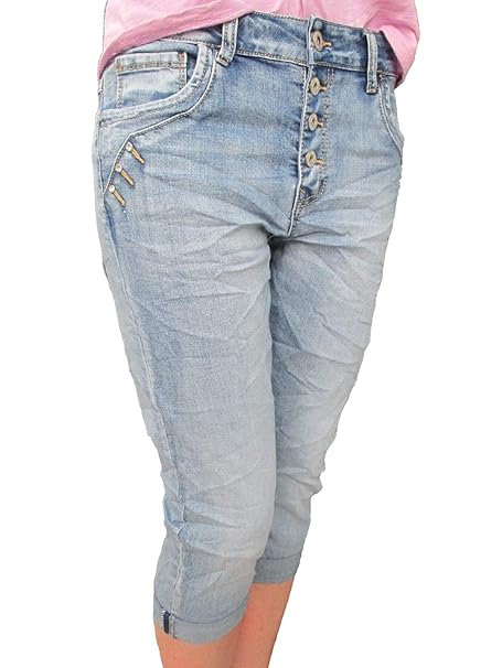 Karostar by Lexxury Damen Baggy Boyfriend Stretch Shorts Bermuda Capri Krempel Hose Knopfleiste Strass Steinchen