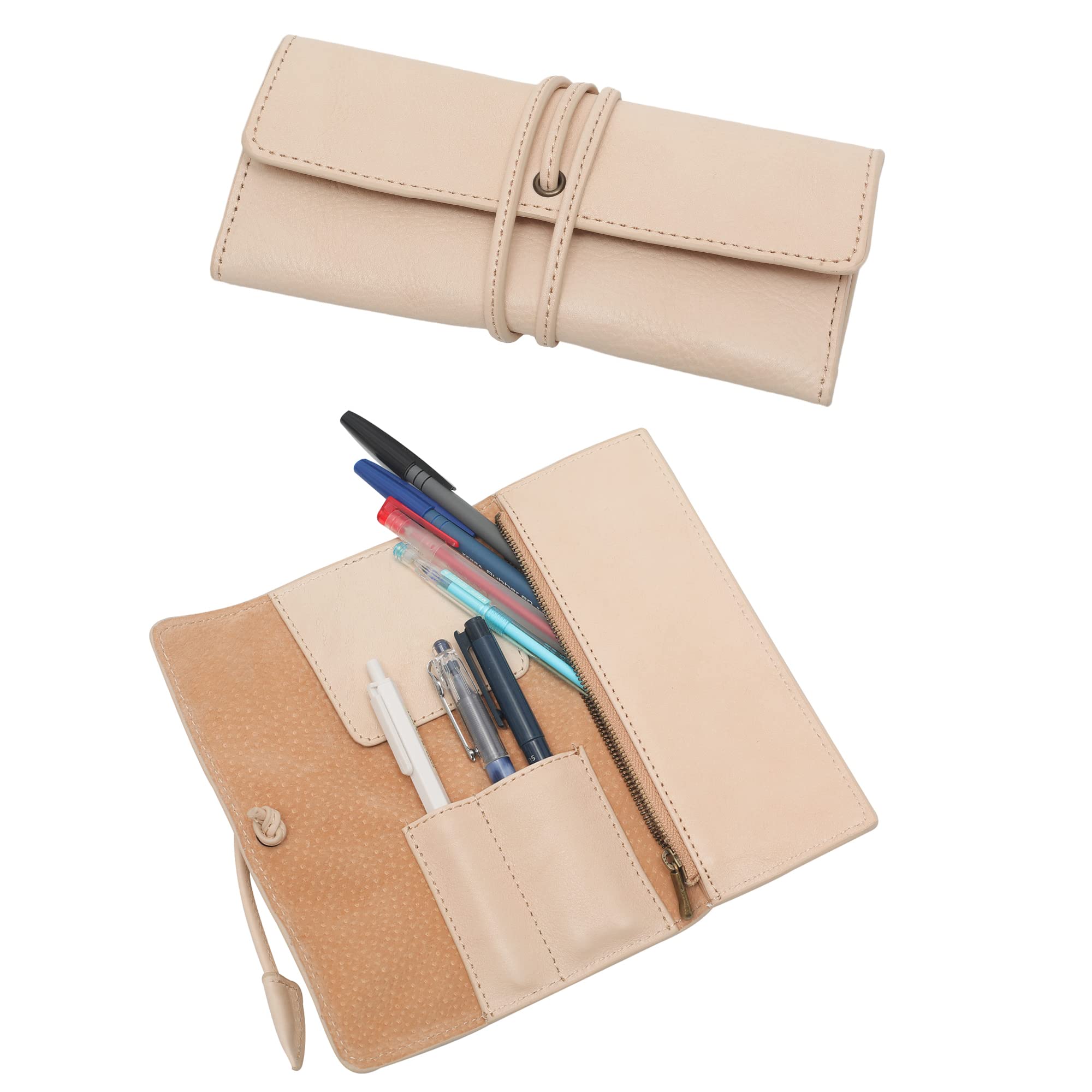 ZLYC Handmade Leather Pen Case Pencil Holder Soft Roll Wrap Bag Pouch Stationery Gift for Students(Beige)
