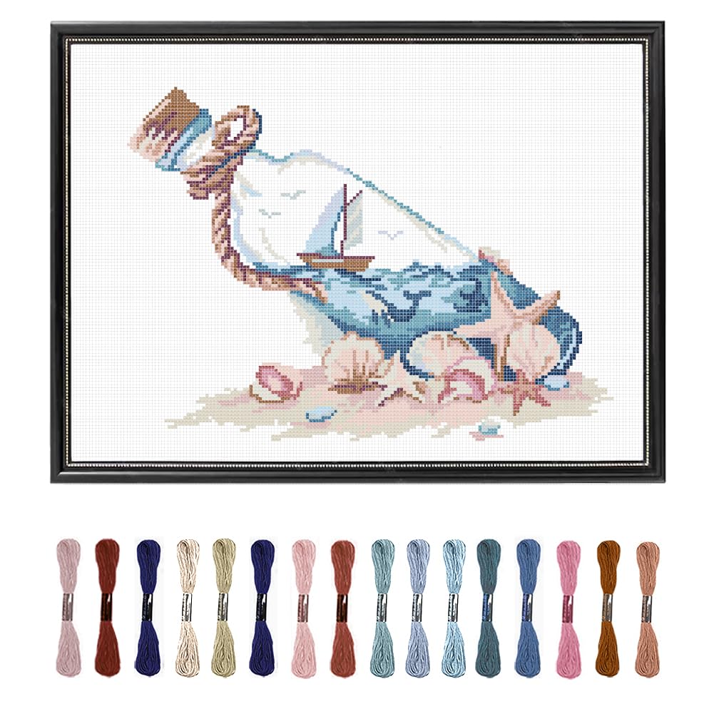 FREEBLOSS 11CT Cross Stitch Kit Drift Bottle Pattern Stamped Cross Stitch Kits for Beginners Embroidery Kit Counted Cross Stitch Kit with Instructions 33 * 43cm Cross Stitch Fabric Needlepoint Kit