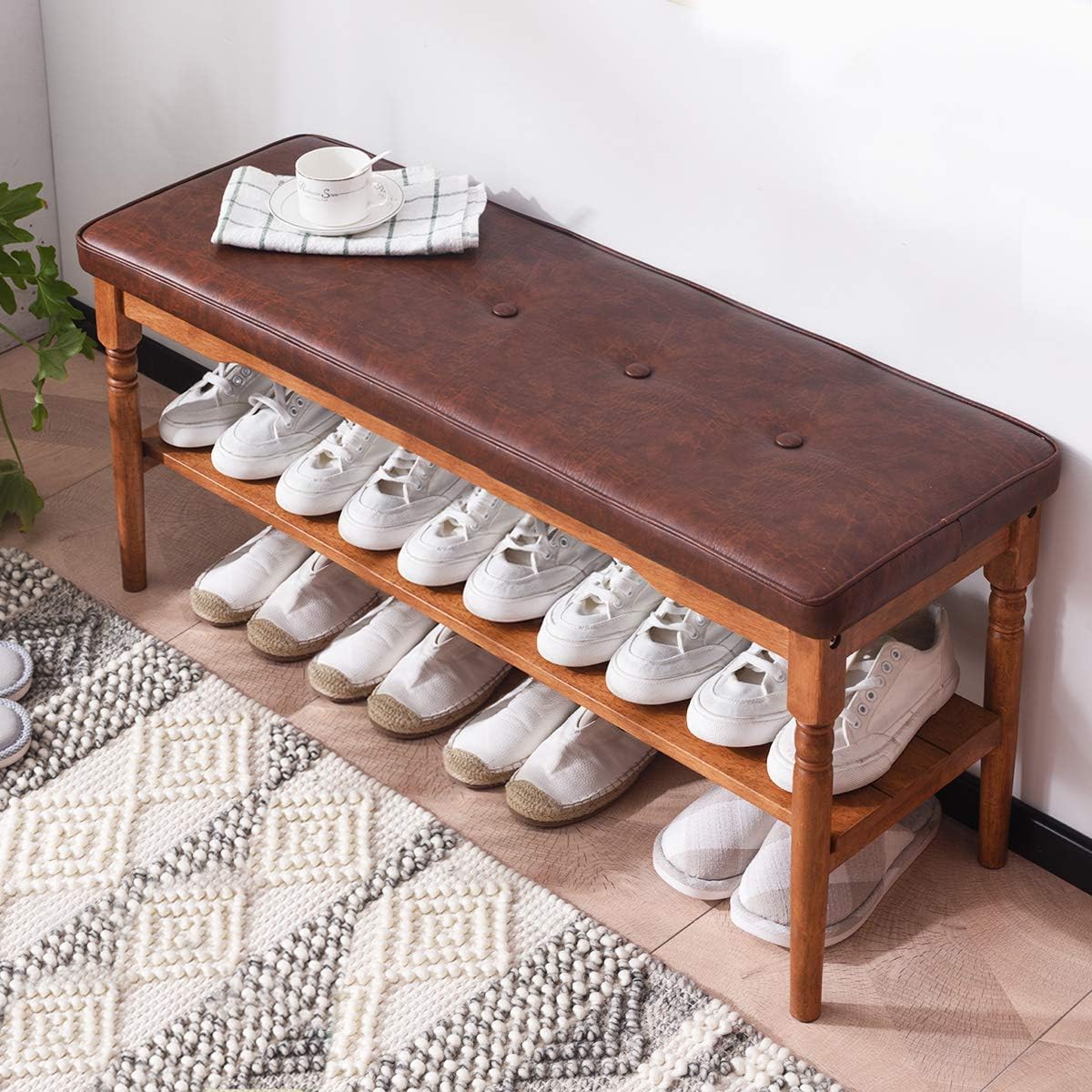 OGCAU Shoe Rack Bench Wooden Shoe Storage Bench Entryway with Storage Bench for Bedroom, Living Room, Hallway, Garage(Walnut): Kitchen & Dining