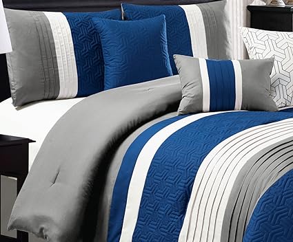 King Navy Blue White Grey Modern 7 Piece Bedding Navy Blue