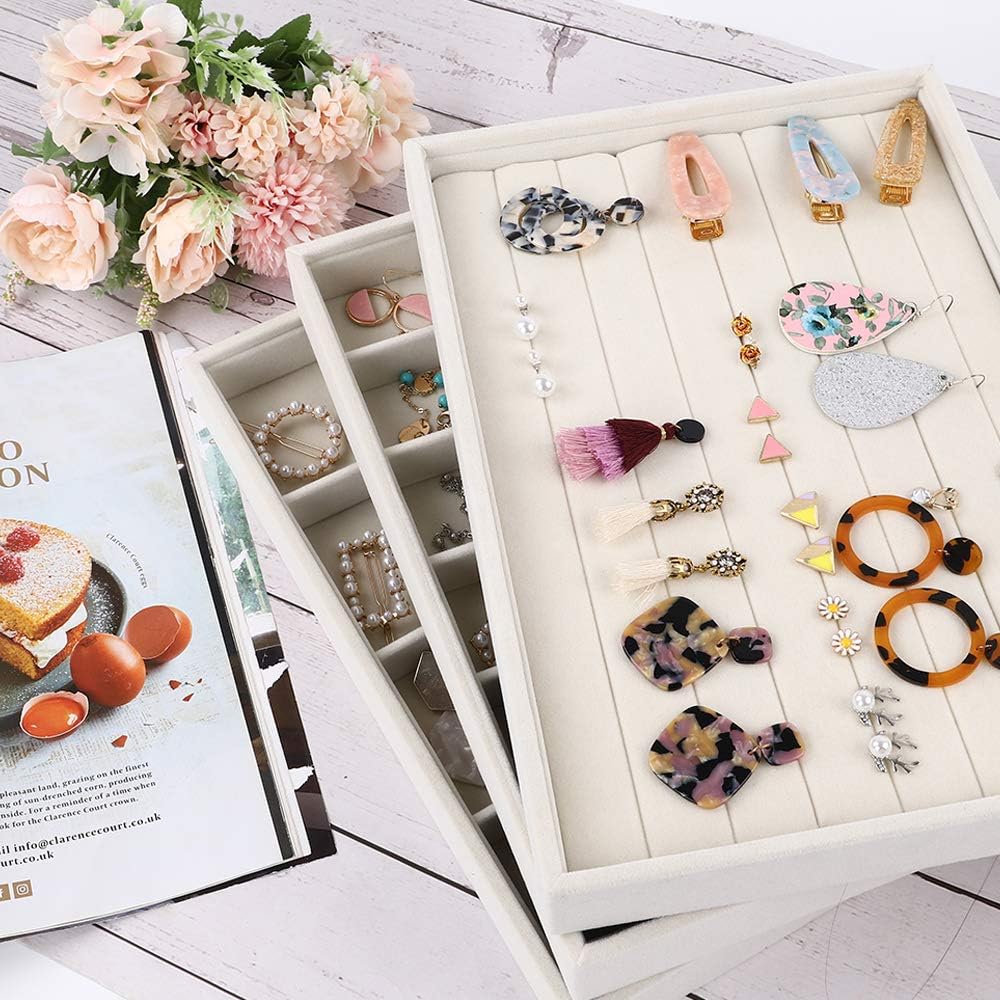 Mebbay Stackable Velvet Jewelry Trays Organizer, Jewelry Storage Display Trays All Velvet for Drawer, Earring Necklace Bracelet Ring Organizer, Set of 3 (Creamy White): Home & Kitchen