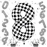 Foil 8th Birthday Number Balloon, Large Checkered Helium 8 Racing Balloons Decor, 40 Inch Self Inflating Black and White Number 8 Balloons for Boys Birthday Race Car Flag Party Decorations Supplies