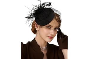 DURZASVO Women's 20s 50s Mesh Veil Feather Pillbox Fascinator Hat for Wedding Tea Party Durby Funeral Fascinator with Headband Clip