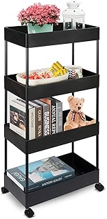 Gunolye Rollwagen mit 4 Ebenen,Küche Aufbewahrungswagen, Craft Art Cart, allzweckwagen servierwagen mit Rollen,Servierwagen,Serviergestell Lagerregal Ablagekorb für Bad Küche Kosmetik Büro(Schwarz)