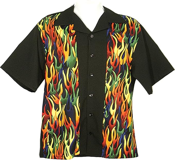 black bowling shirt with flames