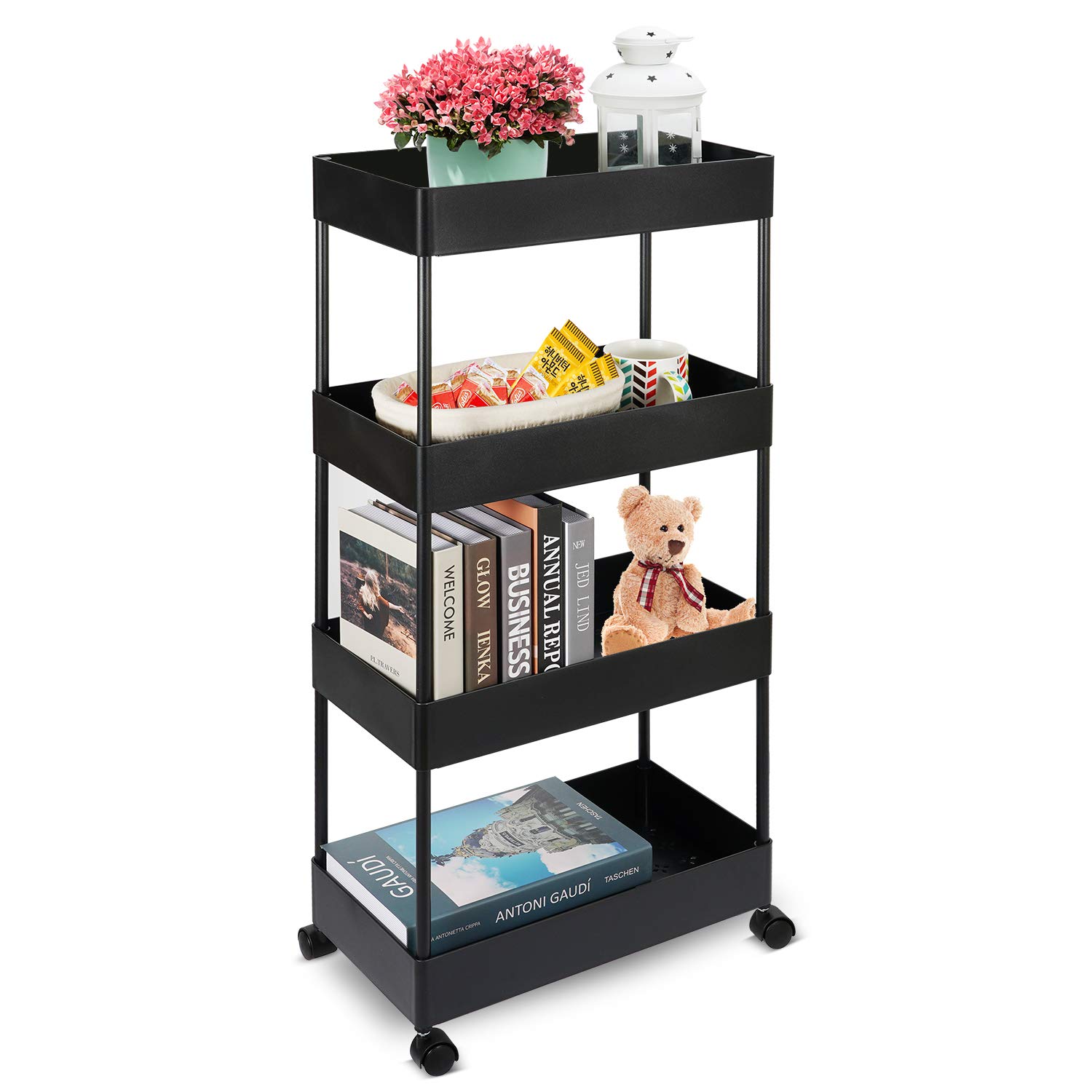 Slim Storage Cart 4-Tier Rolling Utility Storage Cart, Mobile Shelving Unit Rolling Bathroom Carts, Slide Out Storage Shelf Rack for Kitchen Office Bathroom Laundry Room Narrow Places