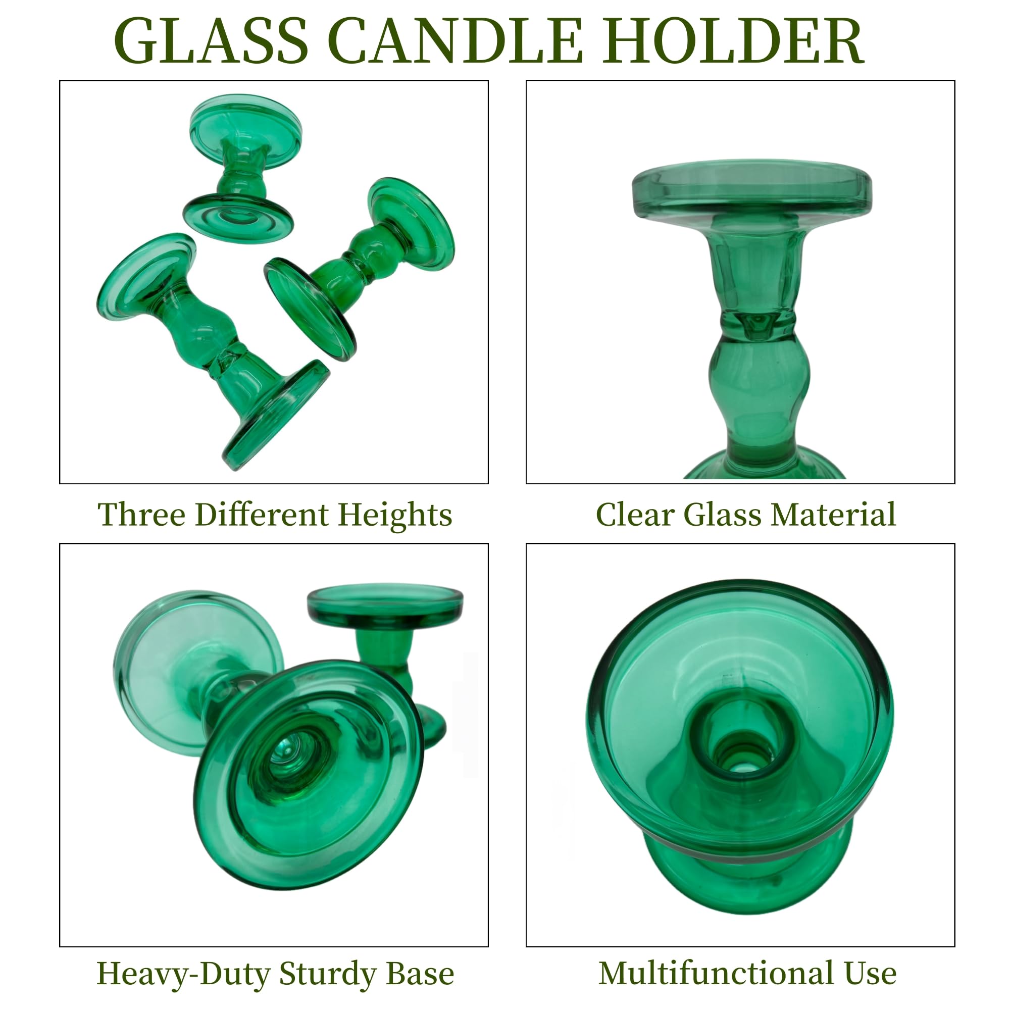 Green Glass Candle Holders Set of 3 Clear Candlestick Holders Vintage Candle Stands for Pillar Taper Candle Tealight Home Decor Table Centerpieces Christmas, Candleholder Sets with 4 Pcs Taper Candles
