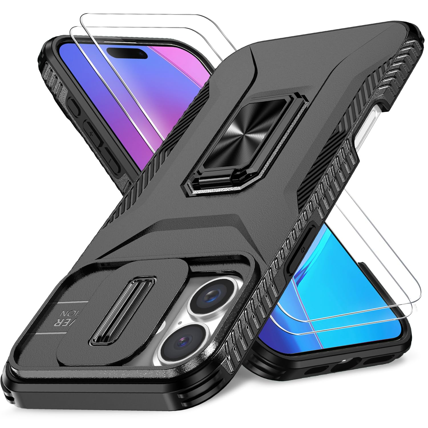 Photo 1 of HakkTaoo Case for iPhone 16 with Slide Camera Cover+Screen Protector(2 Packs), Military Grade Shockproof Protective Cover, Rotated Ring Kickstand(A - Black)