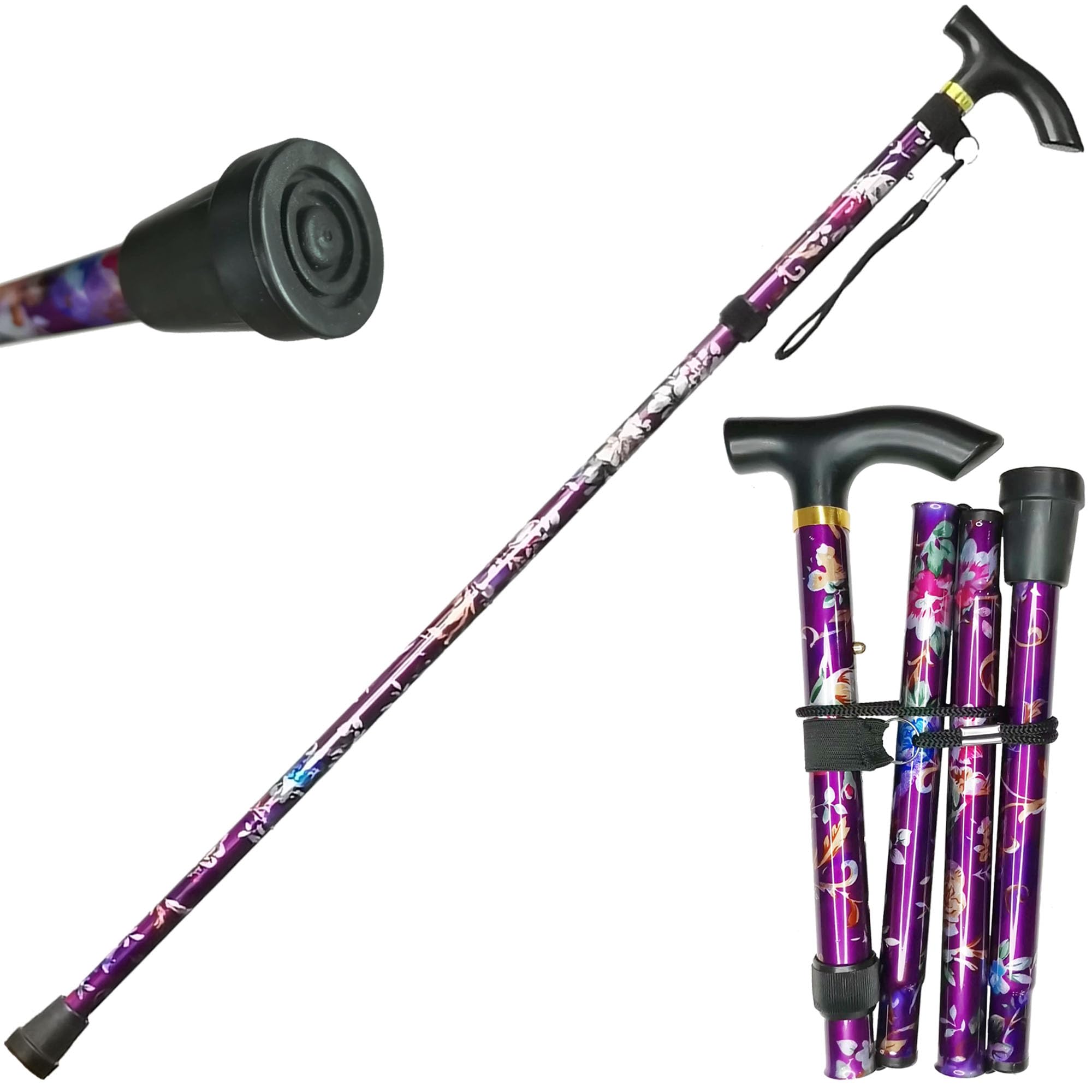 Folding Cane, 5-Level Adjustable Height Lightweight Portable Foldable Walking Canes with Wrist Strap and T Handle for Men Women Seniors