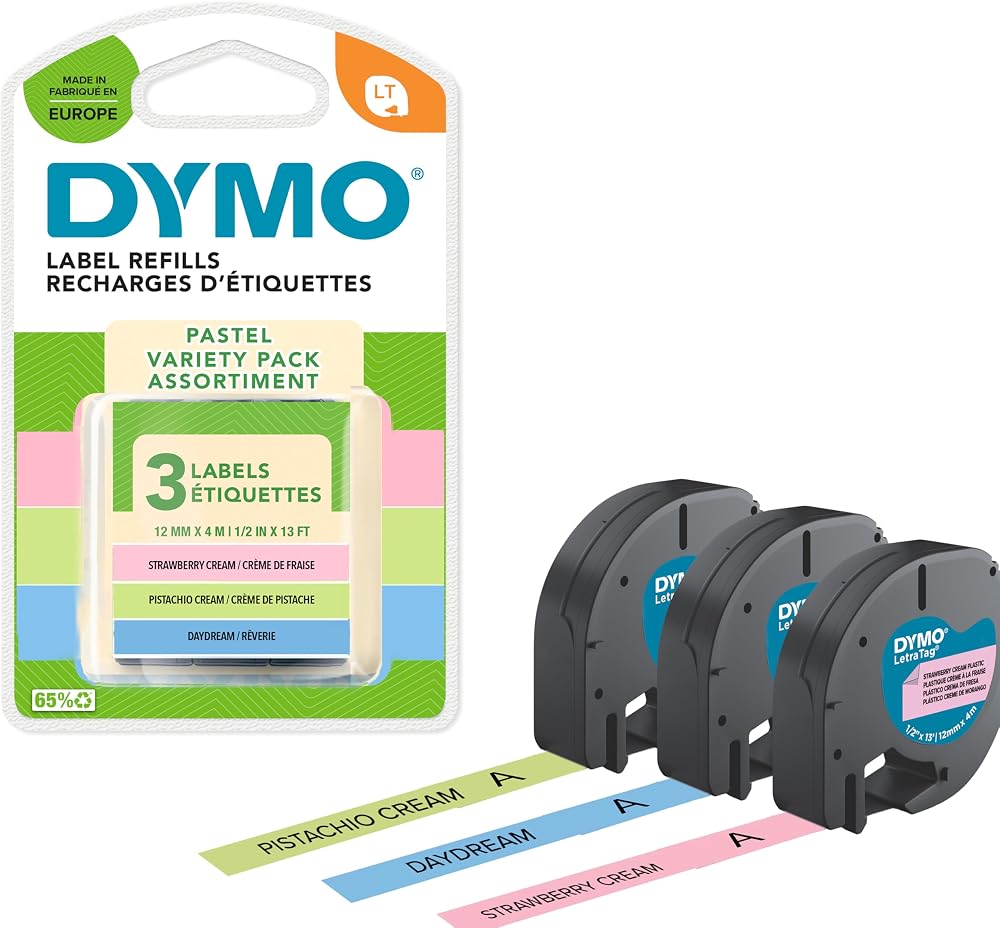 Dymo LetraTag Pastel Labels Starter Pack 12mm x 4m 3 Rolls Plastic Tape