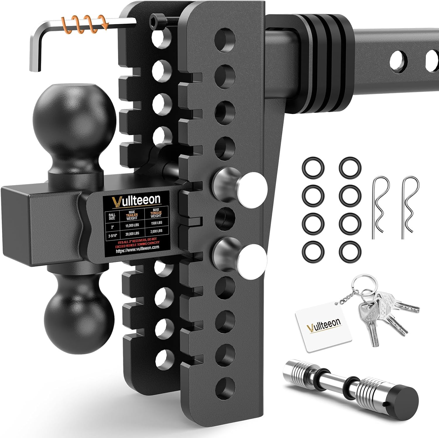 2026 Vullteeon Adjustable Trailer Hitch, 8-Inch Drop for 2-Inch Receiver - Heavy Duty Alloy Steel Truck Hitch with Slot-fit Design, Dual Ball Mount (2” & 2-5/16”), 20000 lbs GTW Tow Hitches