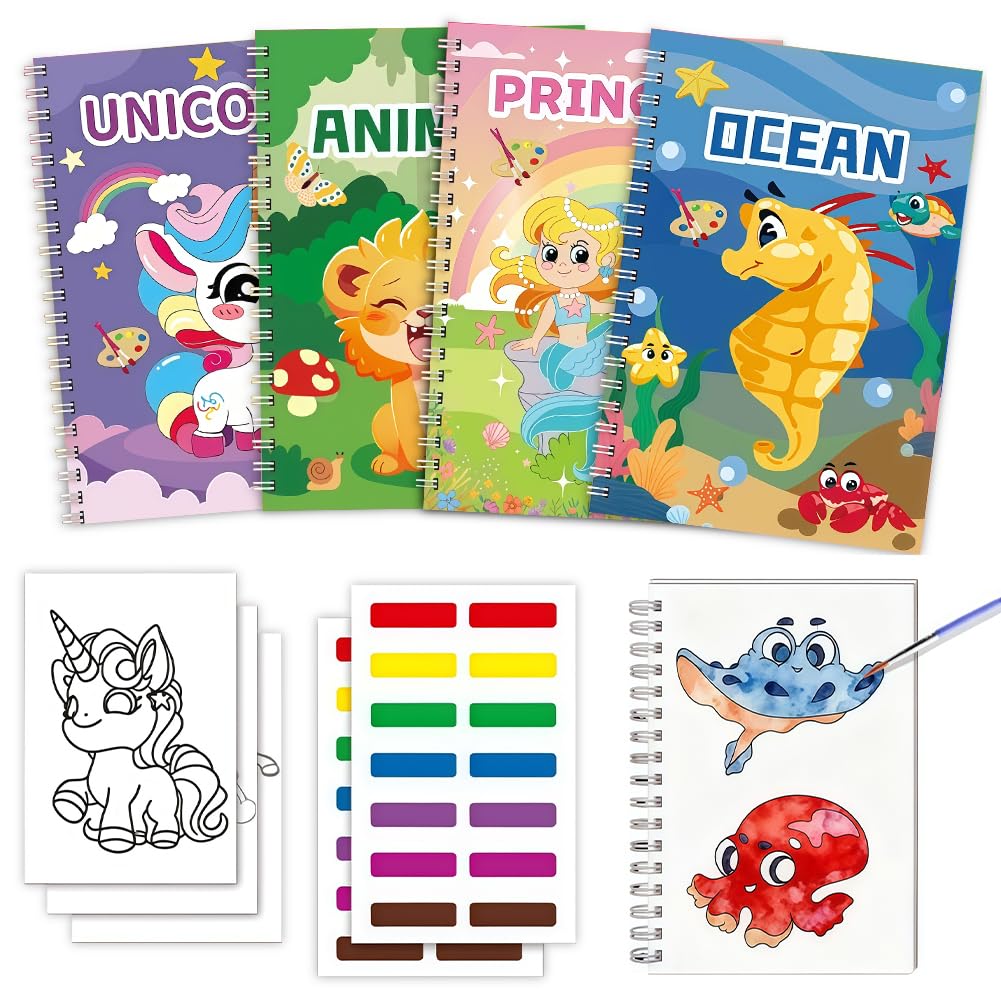 4pcs Water Colouring Book for Kids, Watercolor Painting Sets Include Animal Cartoon Dinosaur Colouring Books Painting Book with Water Pen Water Colouring Books Crafts Gift for Drawing for Boys Girls