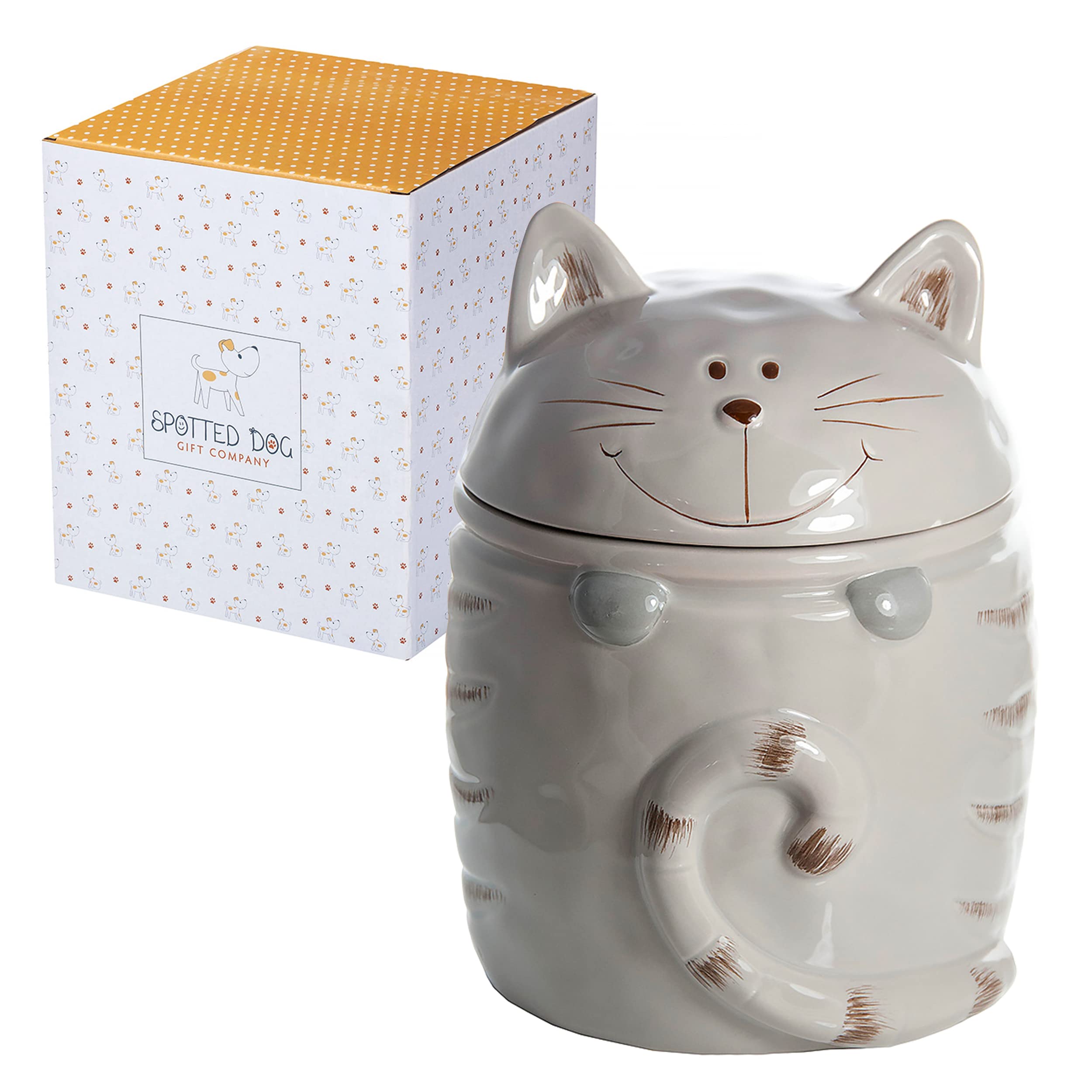 SPOTTED DOG GIFT COMPANY Ceramic Storage Jar with Lid, Kitchen Canister for Food, Tea Coffee Sugar Treats, Cute Novelty Cat Themed Kitchen Accessories, Cat Gifts for Women Men (500ml, Mink Grey)