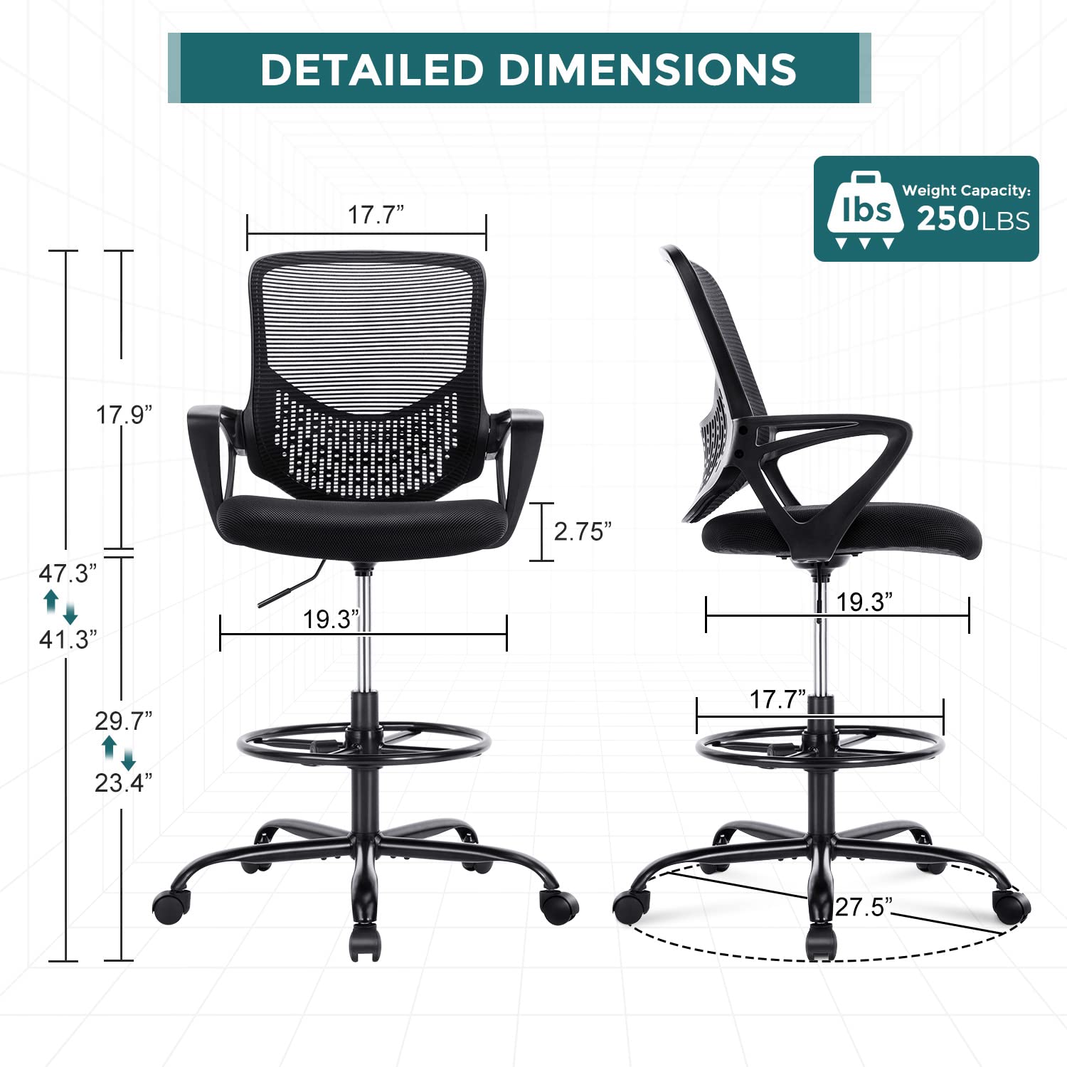SMUG Adjustable Counter Height Office Chair, Black, Mesh