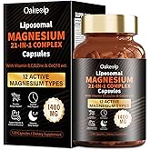 21 in 1 Liposomal 12 Active Types Magnesium Complex 1400mg (Glycinate,Citrate,Malate etc) Capsule -with Vitamin D3, B6, B12, Ashwagandha & CoQ10 for Adult-Support Relaxation,Muscle & Heart