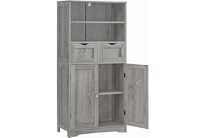 Iwell Tall Storage Cabinet with 2 Drawers & Adjustable Shelf, Bathroom Cabinet with Doors, Cupboard, Kitchen Cabinets for Living Room, Dining Room, Entryway, Grey