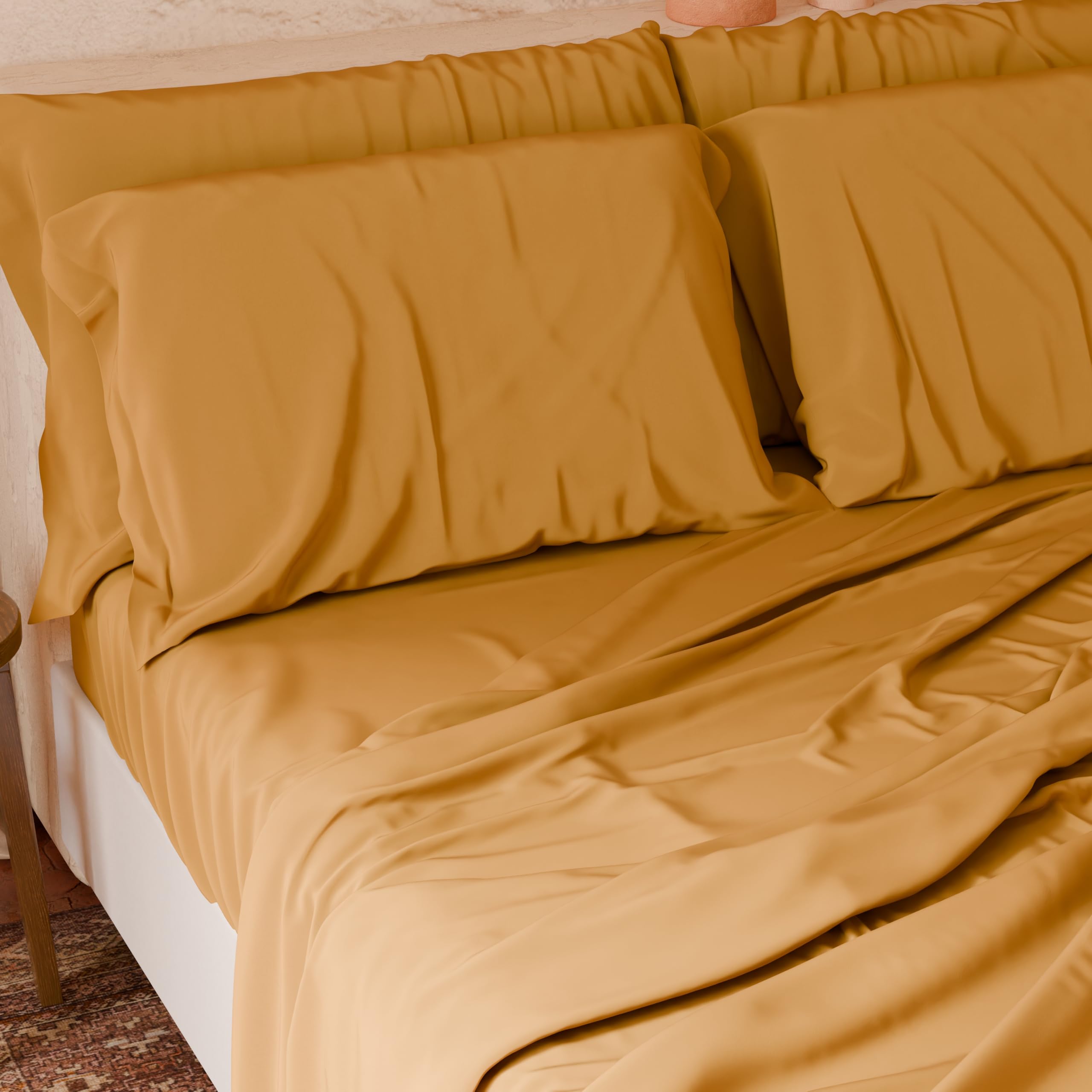 PETTI Italian Artisans - 4-Piece Maxi Double Bed Sheet Set, Soft and Breathable, Complete Bed Set with Top Sheet, Fitted Bottom Sheet and 2 Pillowcases, Ochre Yellow Sheets