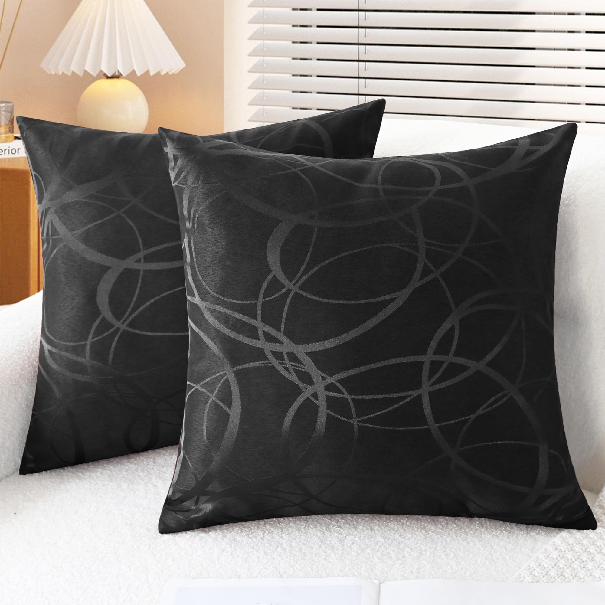 CaliTime Cushion Covers Pack of 2 Throw Pillow Cases Shells for Couch Sofa Home Decor Modern Shining & Dull Contrast Circles Rings Geometric 55cm x 55cm Black