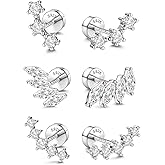 14K Gold Plated Solid 925 Sterling Silver Post Flat Back Earrings Stud | Cartilage Helix Conch Tragus Piercing Jewelry 3 Pairs Tiny Screw Dainty CZ Opal Earring Set Men Women