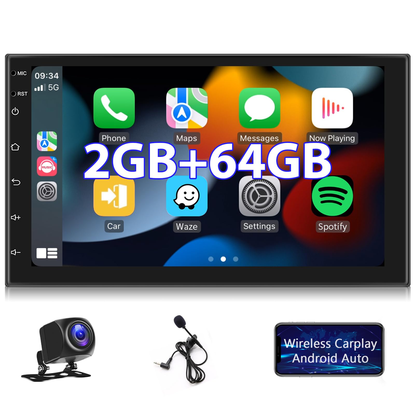 Hodozzy Android Car Radio 2G + 64G Wireless Carplay Android Car Double DIN Radio with Navigation 7 Inch Touchscreen Screen GPS Navigation Bluetooth WiFi FM RDS Radio Reversing Camera ISO Adapter Cable