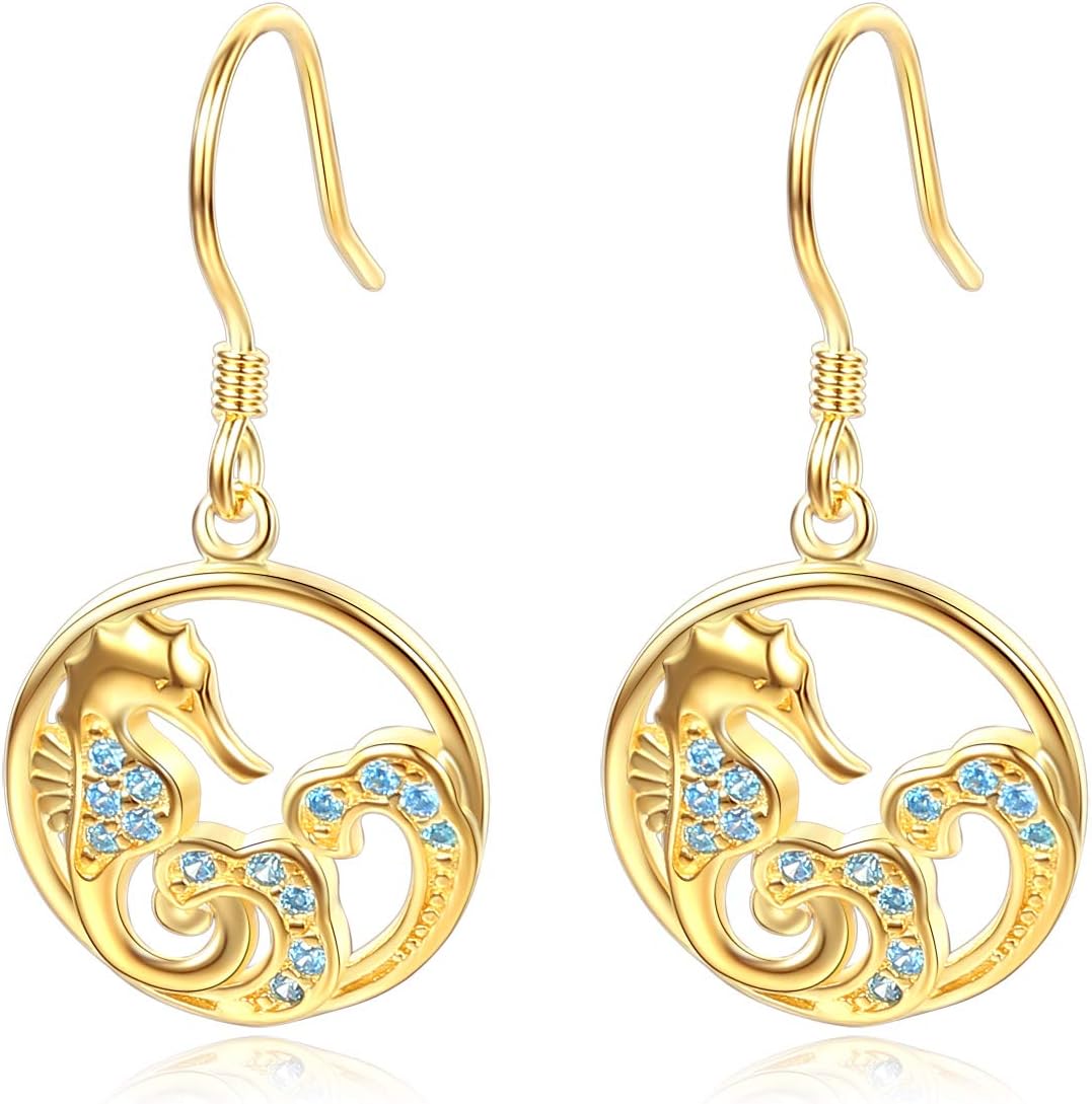 Seahorse Dangle Earrings Blue Ocean Wave Animal Eardrop Sterling Silver 925 Cubic Zirconia For Women
