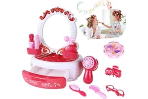 COHERNY Girls Vanity Set, Toddler Vanity With Light Mirror, Mini Vanity for Girls 5-7 Pretend Makeup Kit, Kids Beauty Salon Play Set, Toddlers Dress-Up Toy Vanities Doll Furniture for Christmas Birthday Gifts