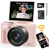 Camtryzine 5K Digital Camera, 75MP Vlogging Camera for YouTube, Pink | WiFi, 3" flip screen, 18X zoom, 31 filters, beauty, 32GB, 1 battery; AF, fill light, time-lapse, slow-mo, smile shot, self..