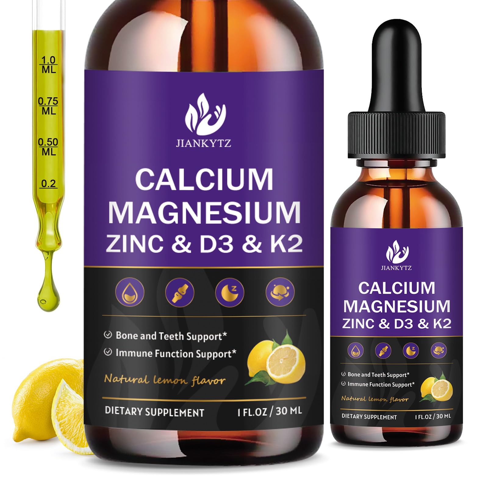 Photo 1 of (2 Pack) Calcium Magnesium Zinc Liquid Drops for Women and Men - Bone & Teeth, Immune Support, Liquid Calcium Supplement with Magnesium Glycinate, Vitamin C D3 K2 B6, Lemon Flavor | Sugar Free