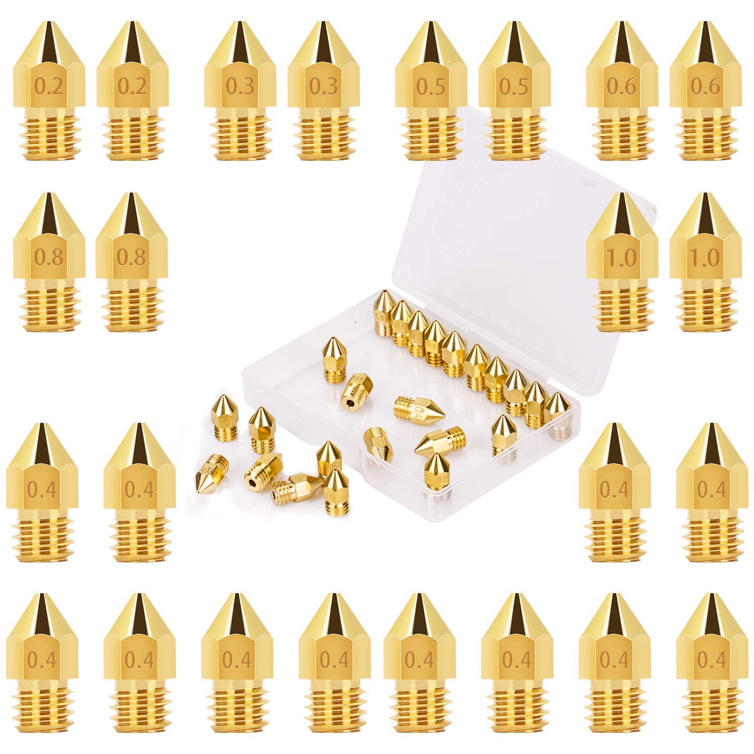 LUTER 24PCS MK8 Extruder Nozzles 3D Printer Nozzles 0.2mm, 0.3mm, 0.4mm, 0.5mm, 0.6mm, 0.8mm, 1.0mm with Free Storage Box for Makerbot Creality CR-10 Ender 3 5