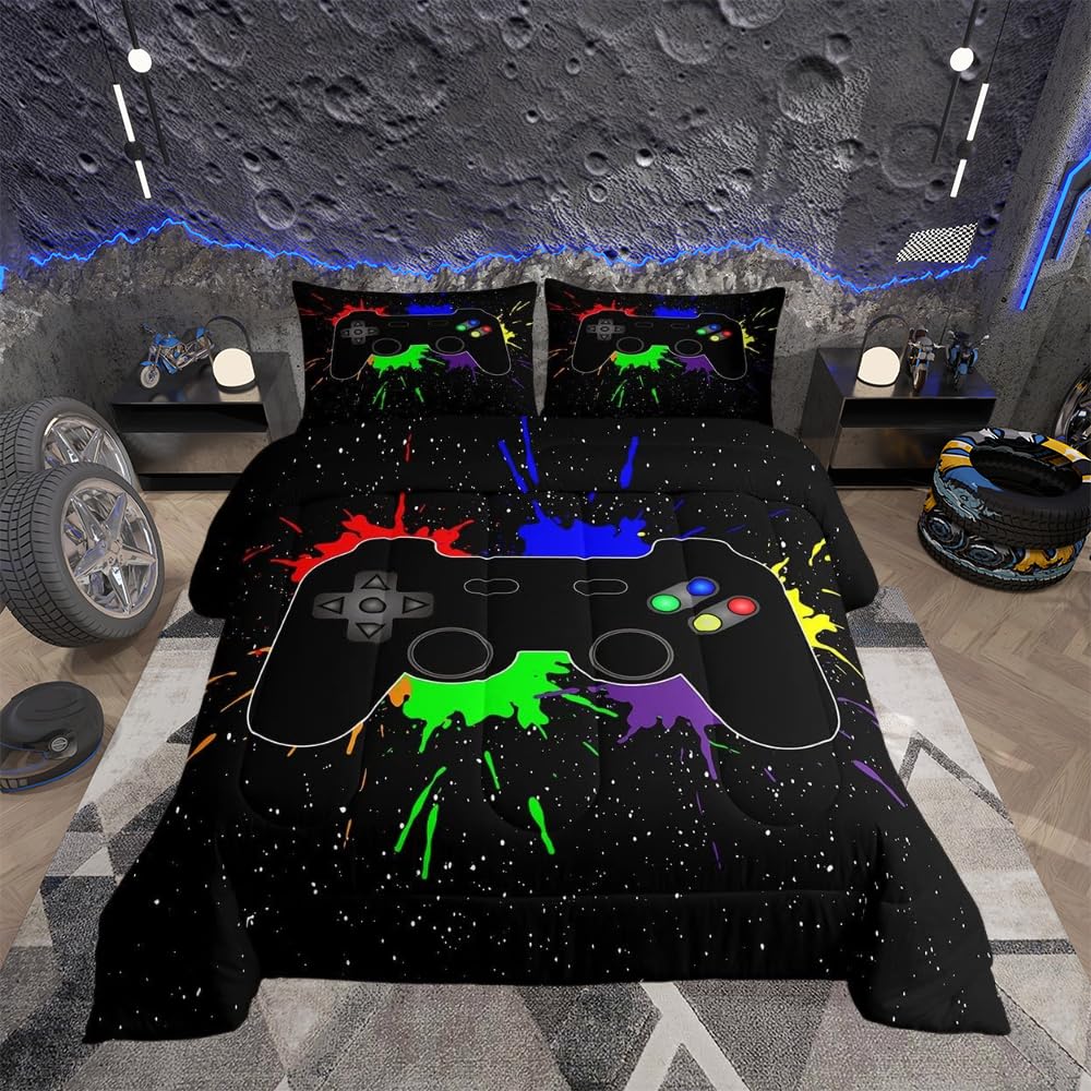 Loussiesd Games for Boys Single Player Duvet Set Kids Bedroom Playroom Teenagers Video Game Duvet Microfiber Soft Comfortable Gamepad Quilted Bed 4-Seasons Duvet