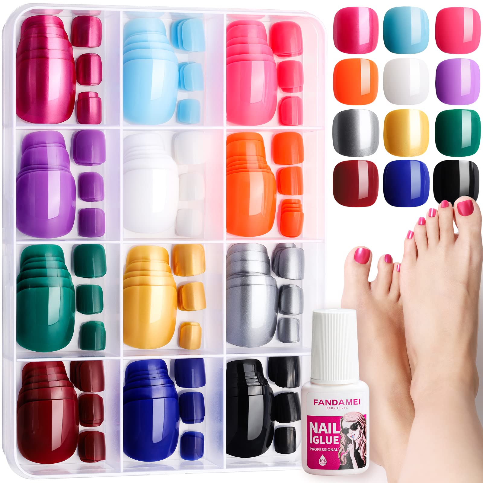 Press on Toenails, FANDAMEI 12 Packs 288PCS Press on Toe Nails Glossy, Short Square Fake Toe Nails Full Cover, Acrylic False Toenails for Feet, 12 Bright Color Fake Toenails for Summer Nail Art