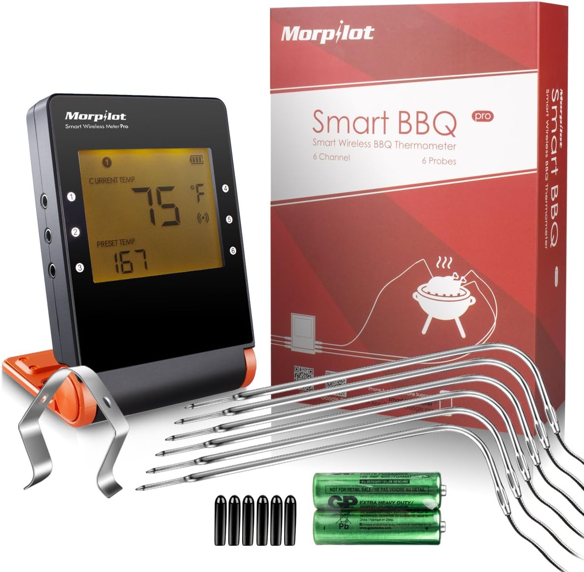 Wireless Meat Thermometers for Grill Smoker, Morpilot Bluetooth BBQ Grill Thermometer Smart Remote Digital Cooking Food with 6 Probes for Outdoor Grilling Smoker Oven Griddle Indoor Kitchen